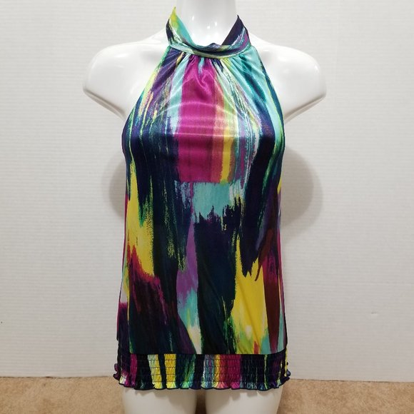 BCX top Small multicolor sleeveless halter colorful smocked bottom Y2K - Picture 1 of 11